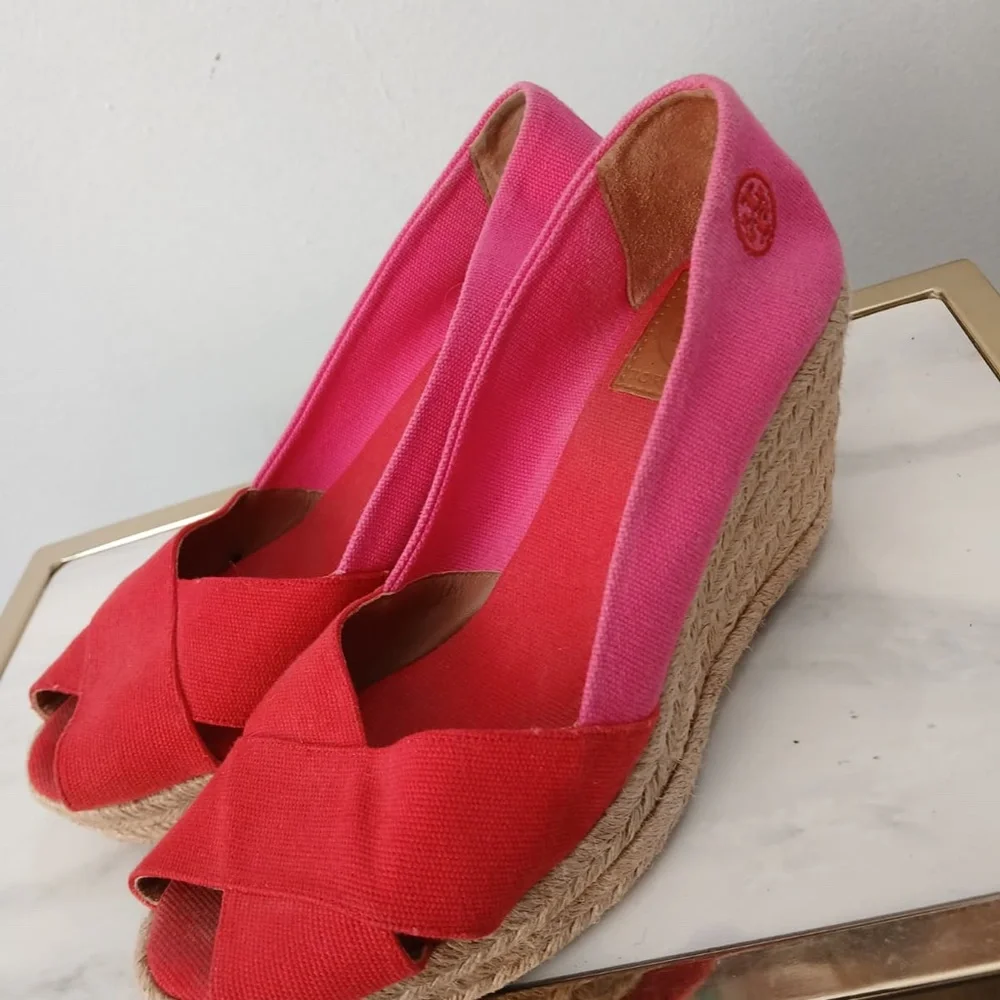 Tory Burch Pink Espadrille Wedge Sandals Size 8.5.